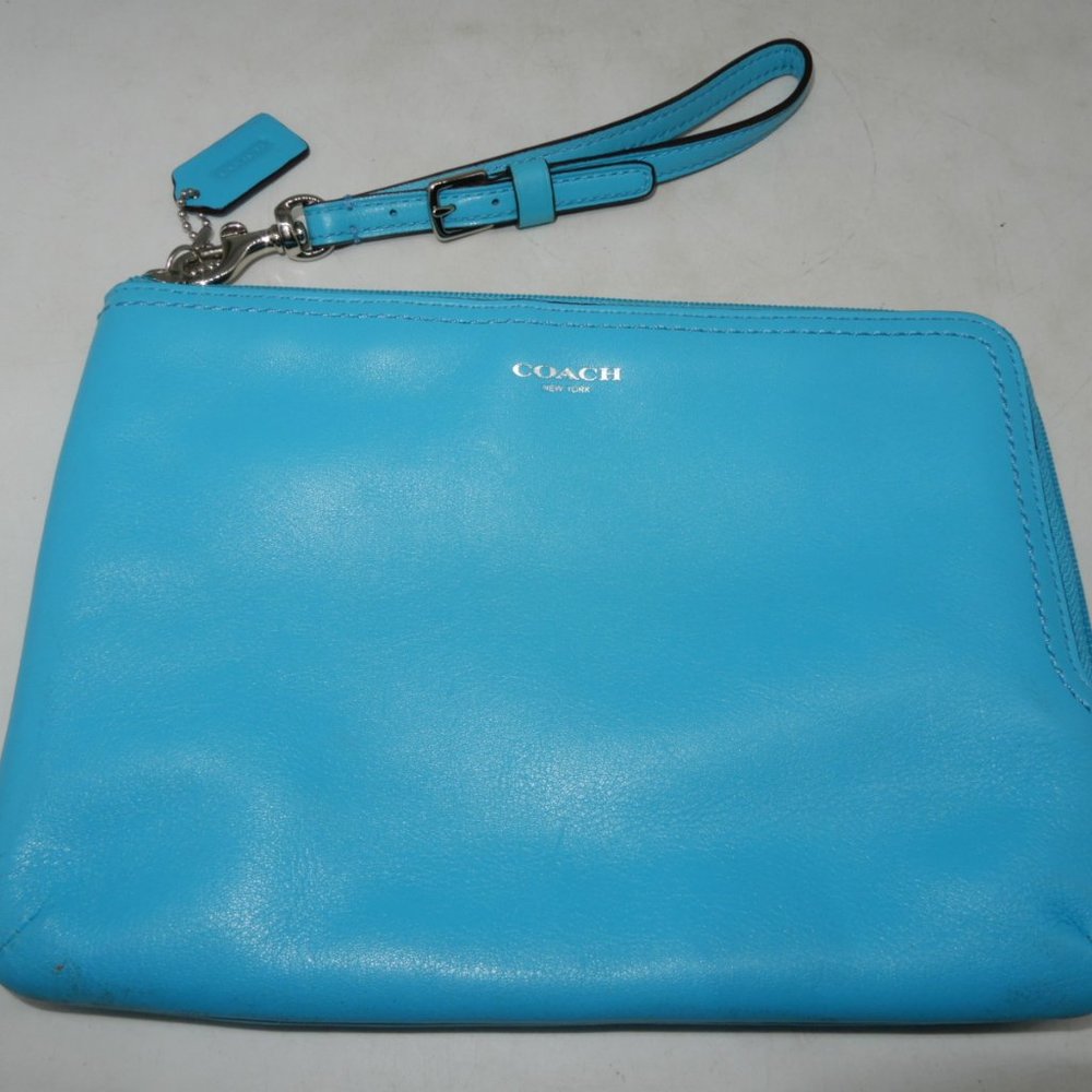 COACH light teal blue corner zip large wristlet pouch